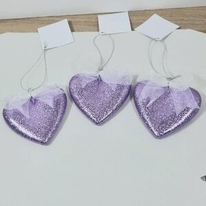 Purple Glitter Heart Ornaments Cottagecore Set Of 3 Nwt